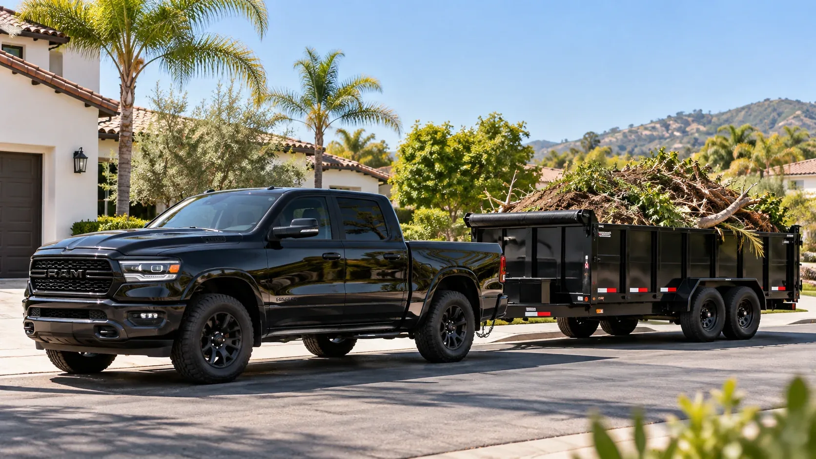 Black pickup truck towing a dump trailer loaded with yard waste on a residential street