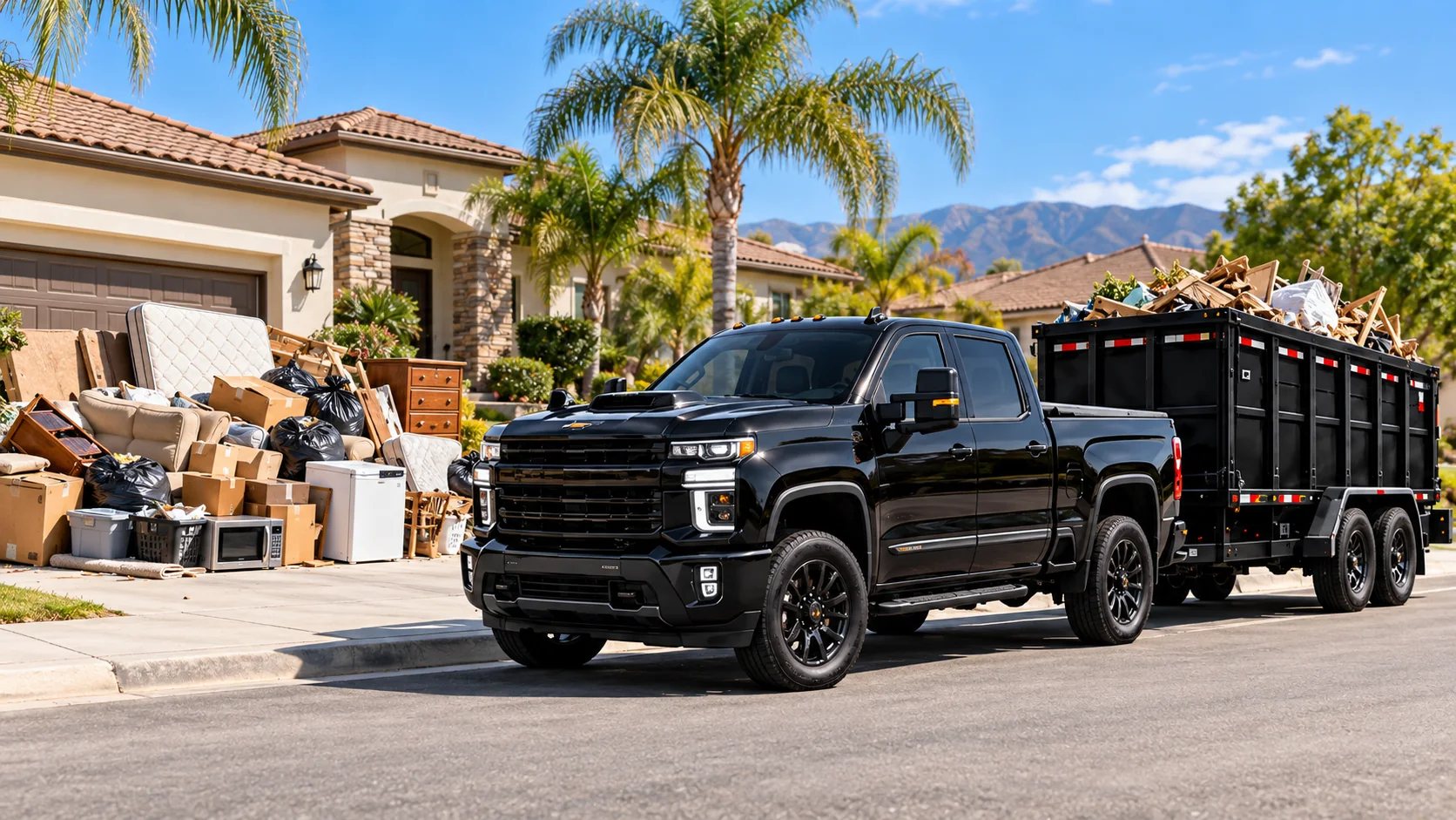 Black heavy-duty pickup towing a loaded dump trailer past a curbside junk pile on an Inland Empire street